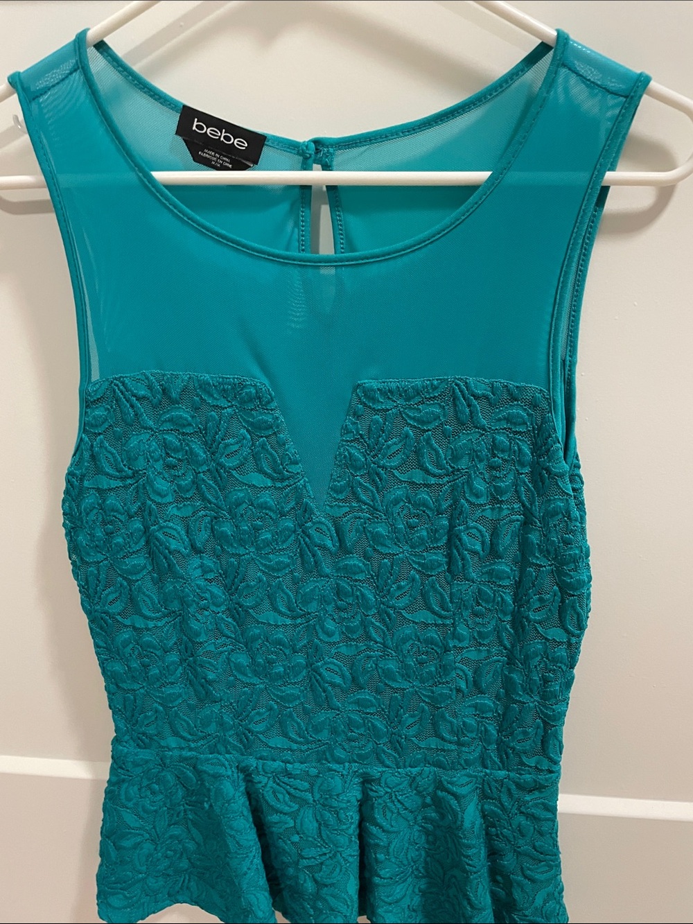 bebe Floral Lace Peplum Top with Sheer Yoke